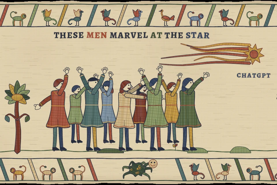 The Machine Tapestry: a stitched crowd marvels at the ChatGPT comet