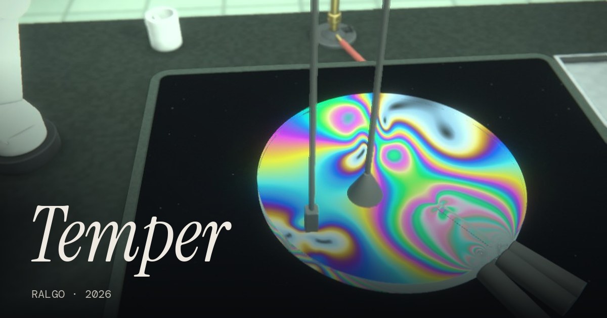 Temper by Ralgo: a transparent specimen glowing with stress colours on a laboratory light table
